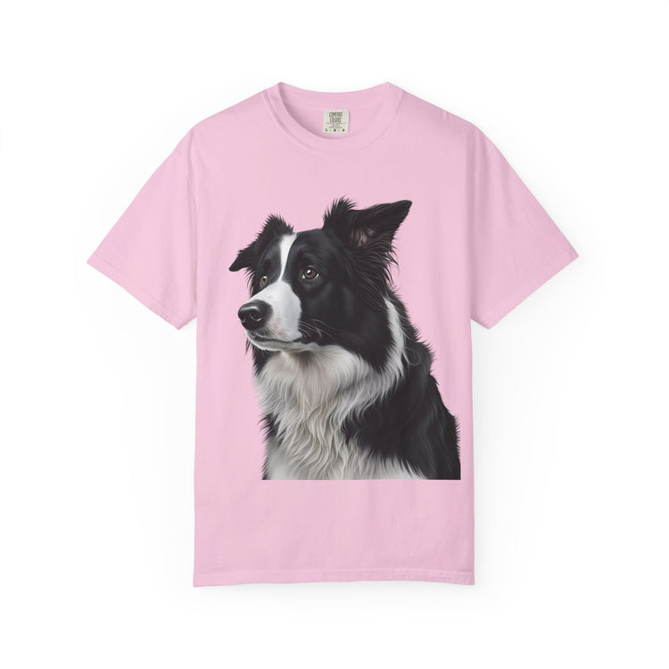Realistic Border Collie Art T-Shirt – Elegant Black & White Dog Portrait Tee for Pet Lovers