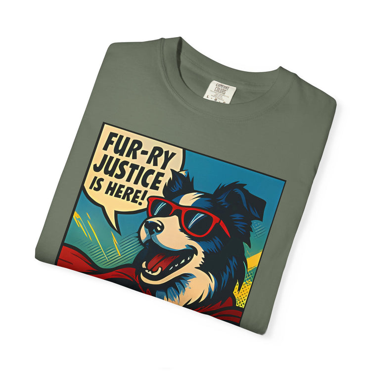 Border Collie Superhero Comic T-Shirt – Pop Art Dog Design, “Fur-ry Justice is Here!” Tee for Dog Lovers