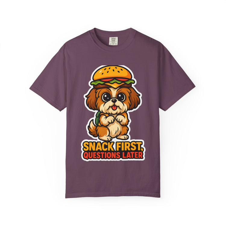 🍔 Snack First, Questions Later Shih Tzu T-Shirt – Funny Foodie Dog Meme Tee for Pet Lovers & Dog Moms 🐾