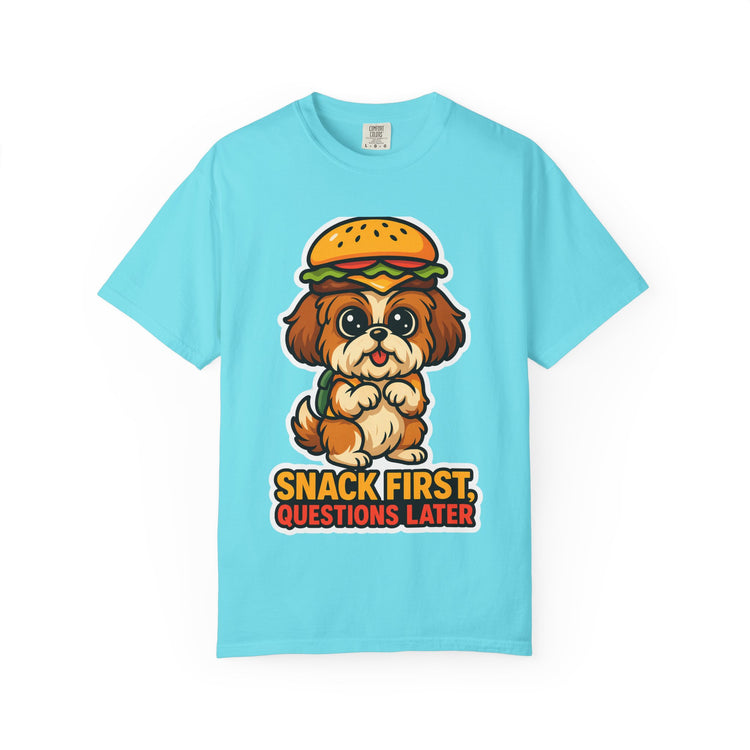 🍔 Snack First, Questions Later Shih Tzu T-Shirt – Funny Foodie Dog Meme Tee for Pet Lovers & Dog Moms 🐾