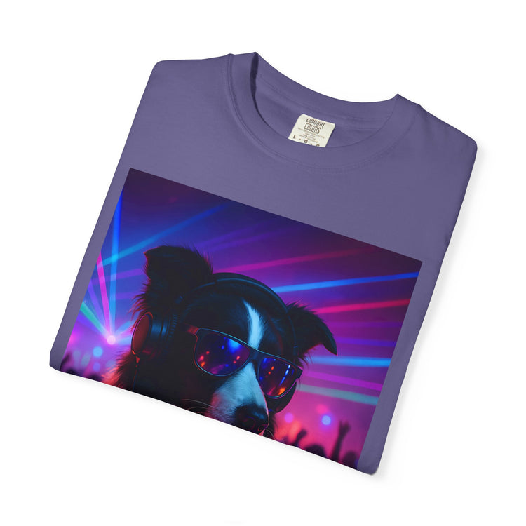 order Collie DJ T-Shirt – Retro 80s Vinyl Dog Tee, Neon Synthwave Pop Art Style for Music & Pet Lovers