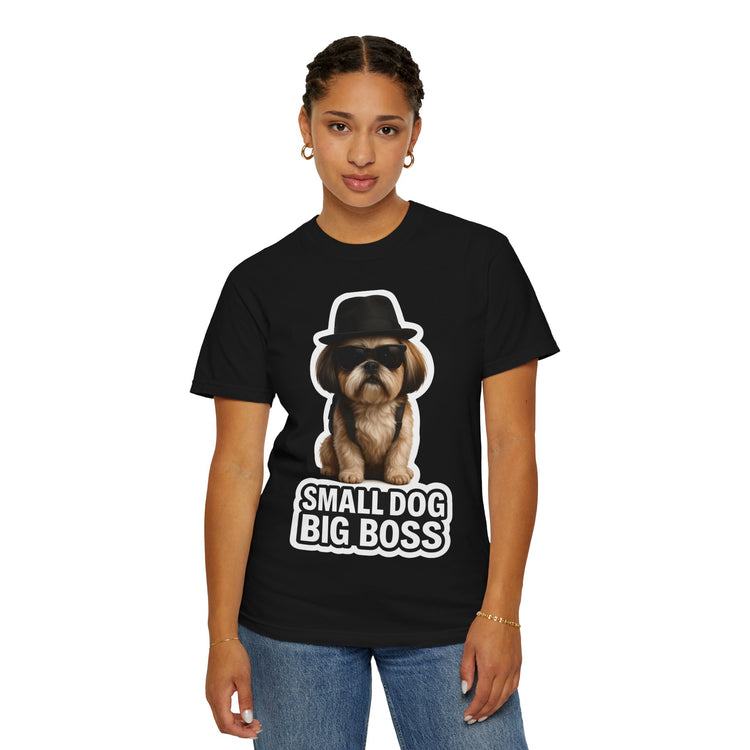 😎 Small Dog, Big Boss Shih Tzu T-Shirt – 3D Realistic Funny Dog Meme Tee for Pet Lovers & Dog Moms 🐾