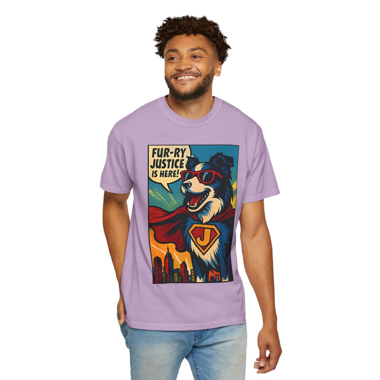 Border Collie Superhero Comic T-Shirt – Pop Art Dog Design, “Fur-ry Justice is Here!” Tee for Dog Lovers