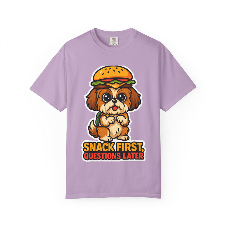 🍔 Snack First, Questions Later Shih Tzu T-Shirt – Funny Foodie Dog Meme Tee for Pet Lovers & Dog Moms 🐾