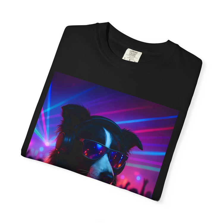 order Collie DJ T-Shirt – Retro 80s Vinyl Dog Tee, Neon Synthwave Pop Art Style for Music & Pet Lovers