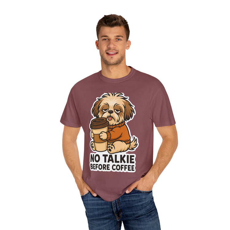 ☕ No Talkie Before Coffee Shih Tzu T-Shirt – Funny Dog Meme Tee for Pet Lovers & Dog Moms 🐾