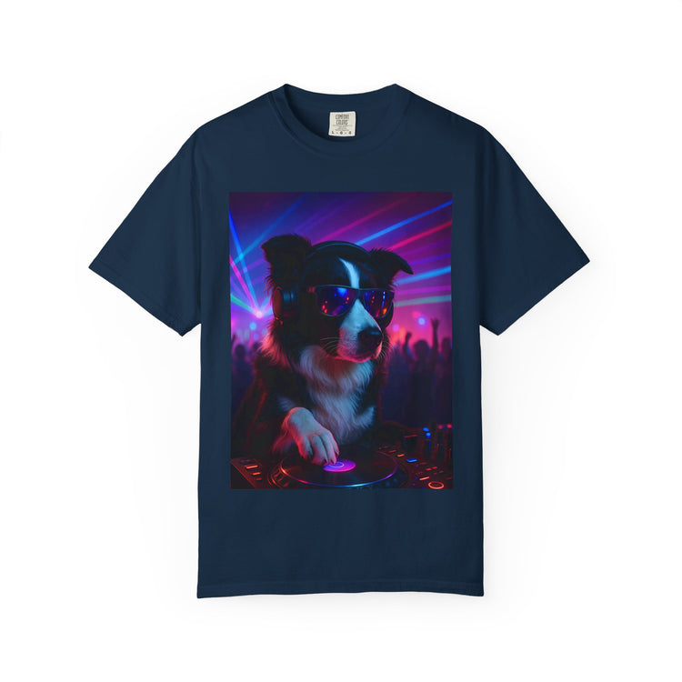 order Collie DJ T-Shirt – Retro 80s Vinyl Dog Tee, Neon Synthwave Pop Art Style for Music & Pet Lovers