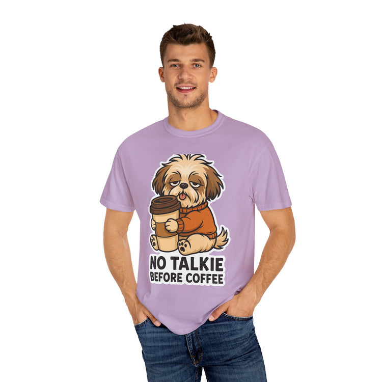 ☕ No Talkie Before Coffee Shih Tzu T-Shirt – Funny Dog Meme Tee for Pet Lovers & Dog Moms 🐾