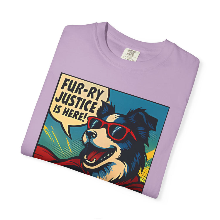 Border Collie Superhero Comic T-Shirt – Pop Art Dog Design, “Fur-ry Justice is Here!” Tee for Dog Lovers