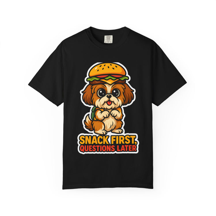 🍔 Snack First, Questions Later Shih Tzu T-Shirt – Funny Foodie Dog Meme Tee for Pet Lovers & Dog Moms 🐾