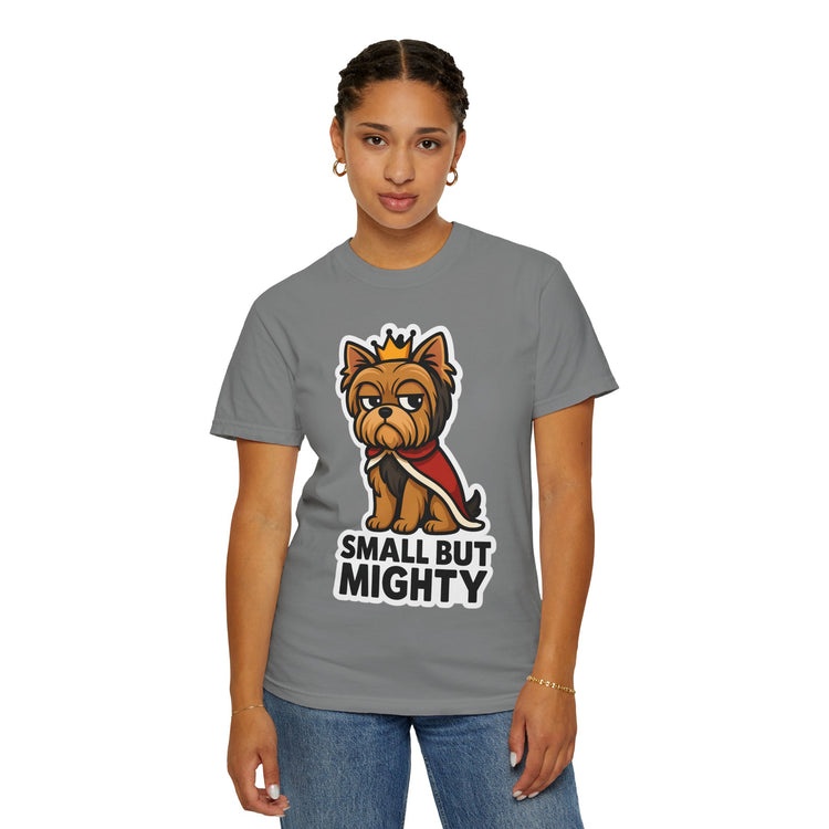 👑 Small But Mighty Yorkie T-Shirt – Funny Cartoon Dog Meme Tee for Dog Moms & Pet Lovers 🐾
