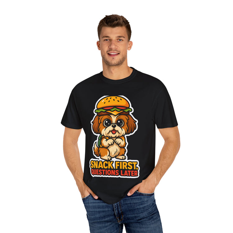 🍔 Snack First, Questions Later Shih Tzu T-Shirt – Funny Foodie Dog Meme Tee for Pet Lovers & Dog Moms 🐾