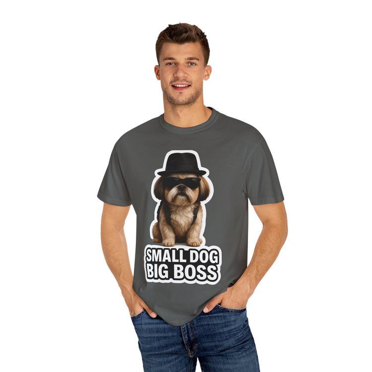 😎 Small Dog, Big Boss Shih Tzu T-Shirt – 3D Realistic Funny Dog Meme Tee for Pet Lovers & Dog Moms 🐾