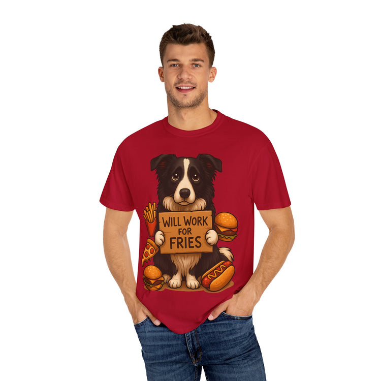 Border Collie Funny Fast Food T-Shirt – “Will Work for Fries” Meme Tee for Dog Lovers & Foodies