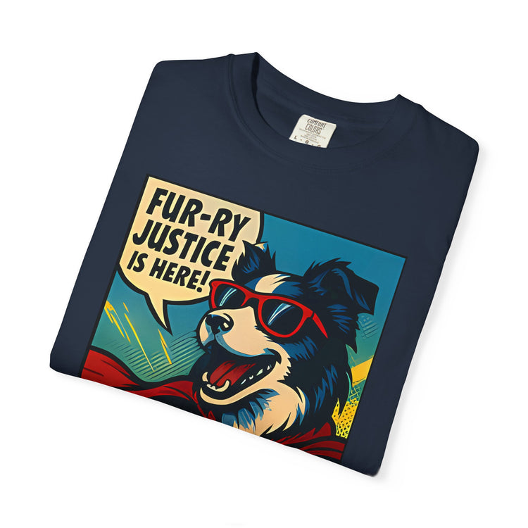 Border Collie Superhero Comic T-Shirt – Pop Art Dog Design, “Fur-ry Justice is Here!” Tee for Dog Lovers