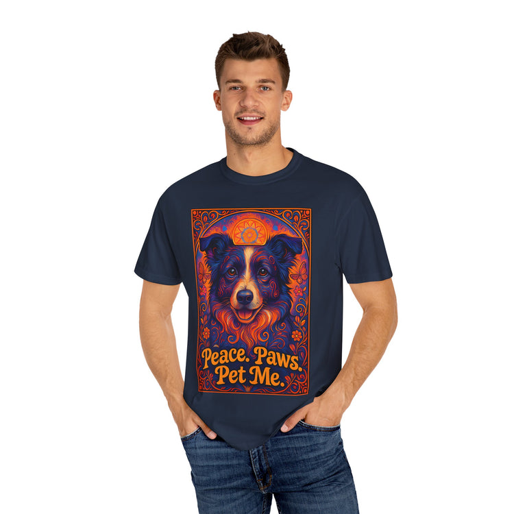 Border Collie Psychedelic Festival T-Shirt – Trippy Floral Dog Tee with “Peace. Paws. Pet Me.” Quote