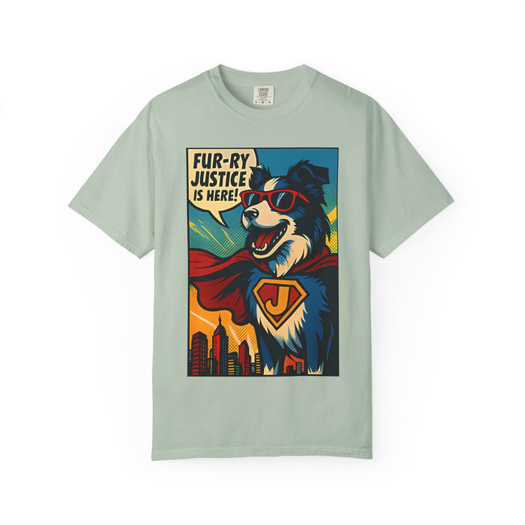 Border Collie Superhero Comic T-Shirt – Pop Art Dog Design, “Fur-ry Justice is Here!” Tee for Dog Lovers