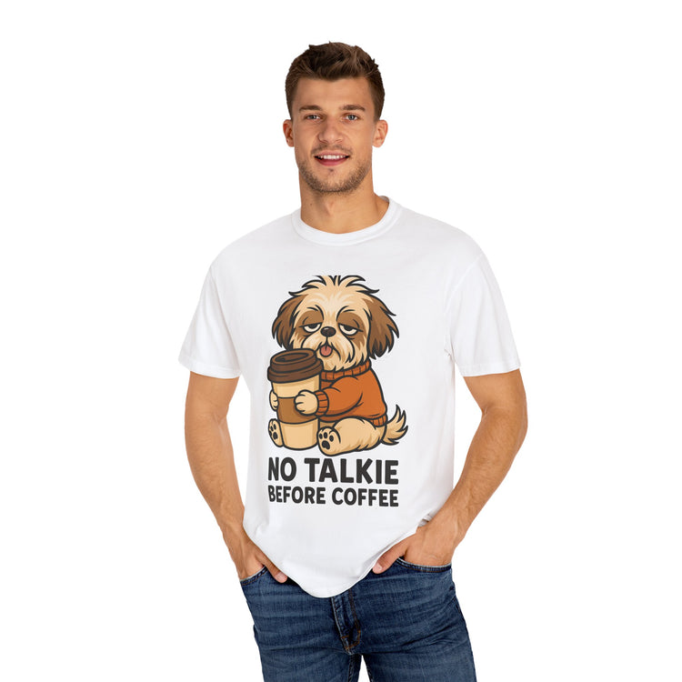 ☕ No Talkie Before Coffee Shih Tzu T-Shirt – Funny Dog Meme Tee for Pet Lovers & Dog Moms 🐾