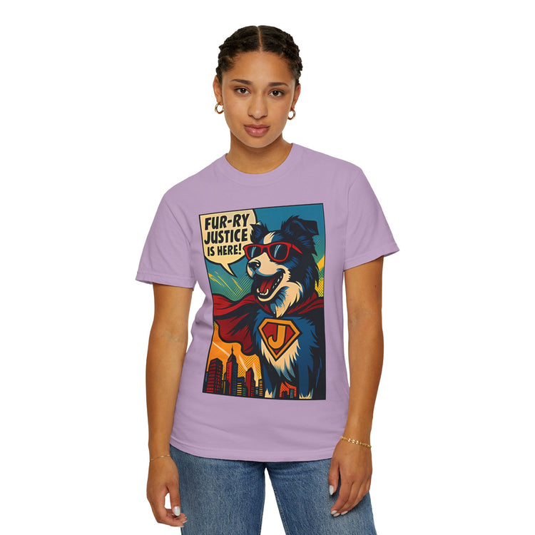 Border Collie Superhero Comic T-Shirt – Pop Art Dog Design, “Fur-ry Justice is Here!” Tee for Dog Lovers