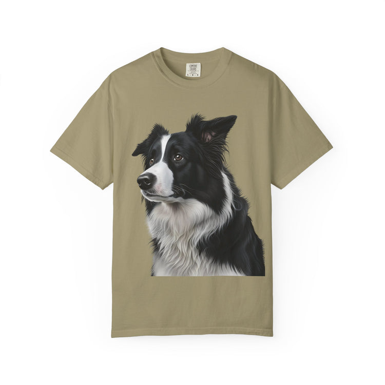 Realistic Border Collie Art T-Shirt – Elegant Black & White Dog Portrait Tee for Pet Lovers