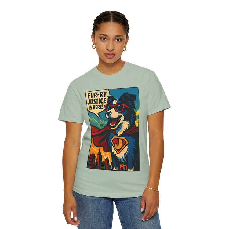 Border Collie Superhero Comic T-Shirt – Pop Art Dog Design, “Fur-ry Justice is Here!” Tee for Dog Lovers
