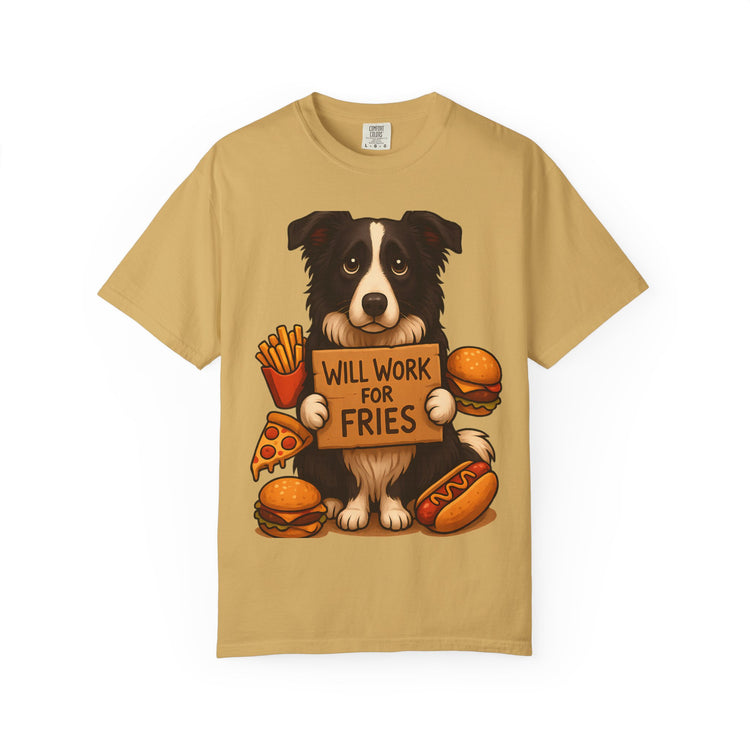 Border Collie Funny Fast Food T-Shirt – “Will Work for Fries” Meme Tee for Dog Lovers & Foodies