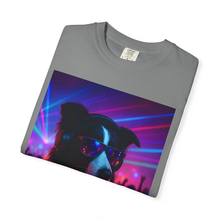 order Collie DJ T-Shirt – Retro 80s Vinyl Dog Tee, Neon Synthwave Pop Art Style for Music & Pet Lovers