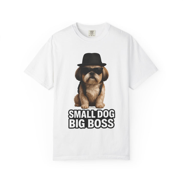😎 Small Dog, Big Boss Shih Tzu T-Shirt – 3D Realistic Funny Dog Meme Tee for Pet Lovers & Dog Moms 🐾