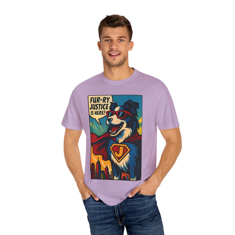 Border Collie Superhero Comic T-Shirt – Pop Art Dog Design, “Fur-ry Justice is Here!” Tee for Dog Lovers