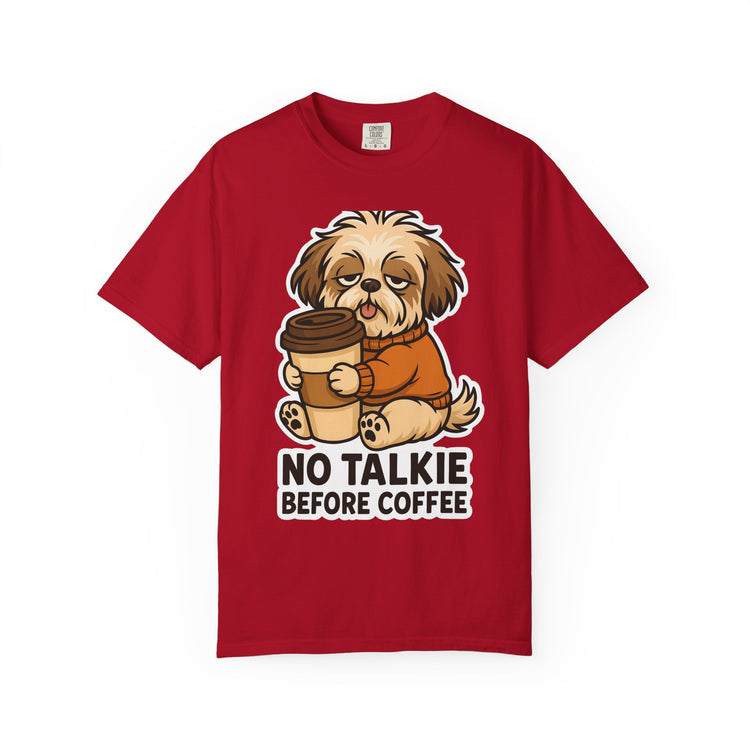 ☕ No Talkie Before Coffee Shih Tzu T-Shirt – Funny Dog Meme Tee for Pet Lovers & Dog Moms 🐾