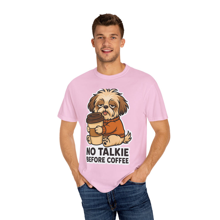 ☕ No Talkie Before Coffee Shih Tzu T-Shirt – Funny Dog Meme Tee for Pet Lovers & Dog Moms 🐾