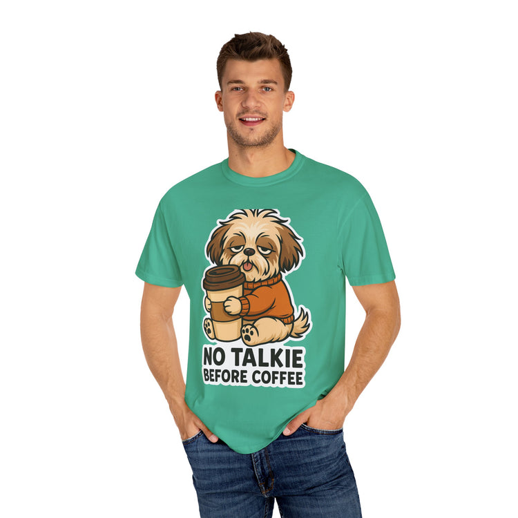 ☕ No Talkie Before Coffee Shih Tzu T-Shirt – Funny Dog Meme Tee for Pet Lovers & Dog Moms 🐾
