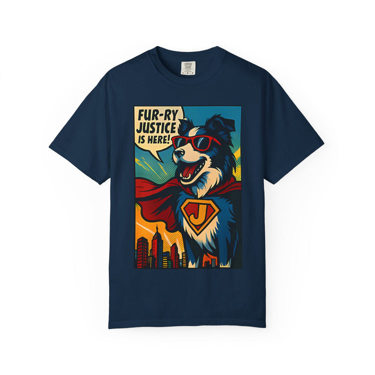 Border Collie Superhero Comic T-Shirt – Pop Art Dog Design, “Fur-ry Justice is Here!” Tee for Dog Lovers