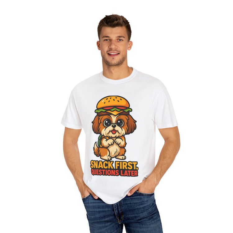 🍔 Snack First, Questions Later Shih Tzu T-Shirt – Funny Foodie Dog Meme Tee for Pet Lovers & Dog Moms 🐾