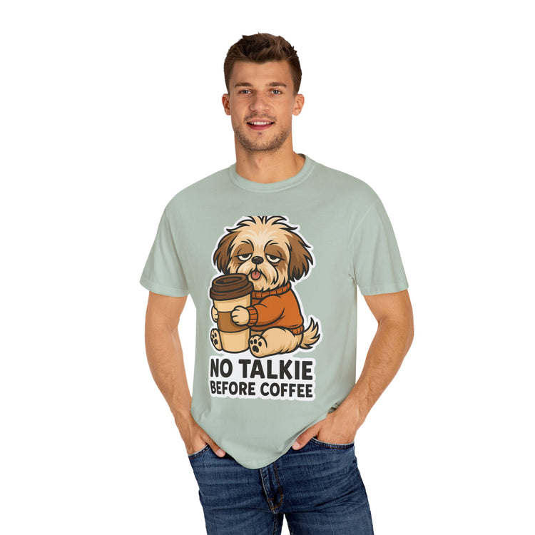 ☕ No Talkie Before Coffee Shih Tzu T-Shirt – Funny Dog Meme Tee for Pet Lovers & Dog Moms 🐾