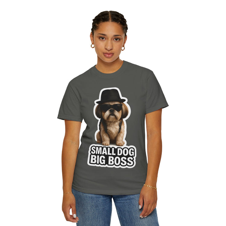 😎 Small Dog, Big Boss Shih Tzu T-Shirt – 3D Realistic Funny Dog Meme Tee for Pet Lovers & Dog Moms 🐾