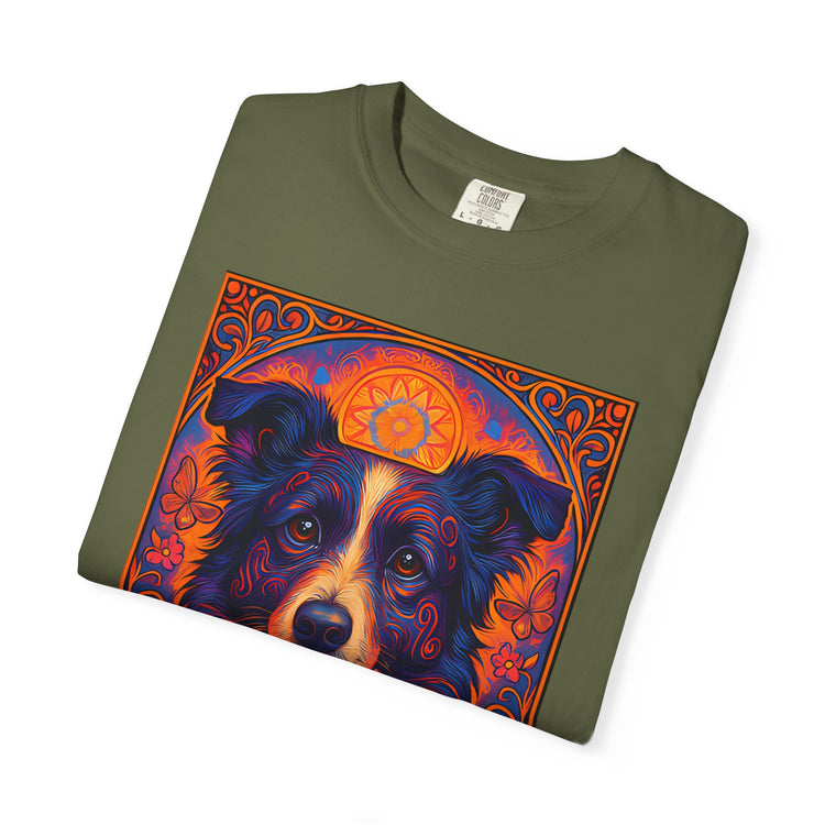 Border Collie Psychedelic Festival T-Shirt – Trippy Floral Dog Tee with “Peace. Paws. Pet Me.” Quote