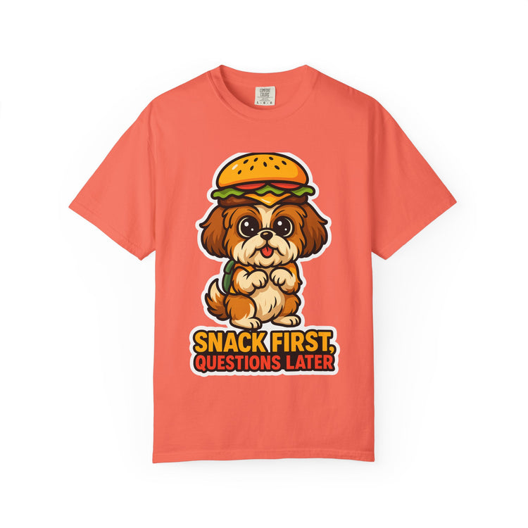 🍔 Snack First, Questions Later Shih Tzu T-Shirt – Funny Foodie Dog Meme Tee for Pet Lovers & Dog Moms 🐾