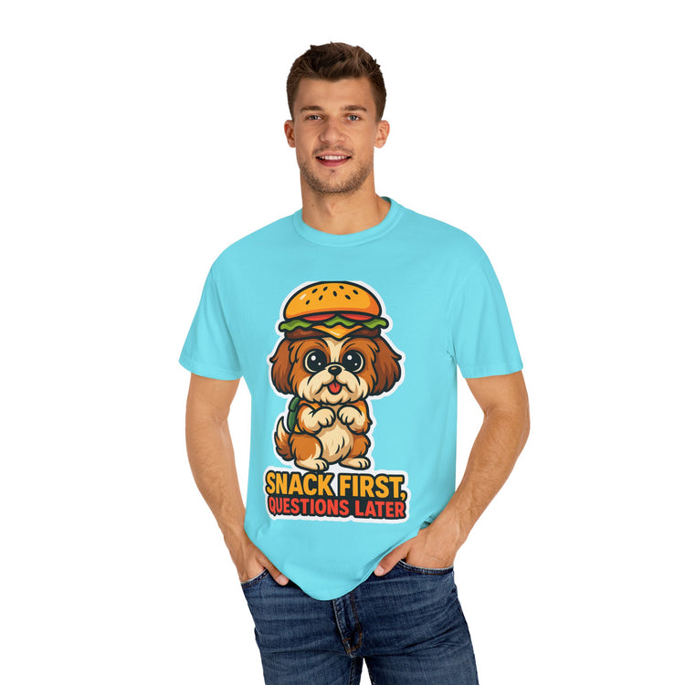 🍔 Snack First, Questions Later Shih Tzu T-Shirt – Funny Foodie Dog Meme Tee for Pet Lovers & Dog Moms 🐾