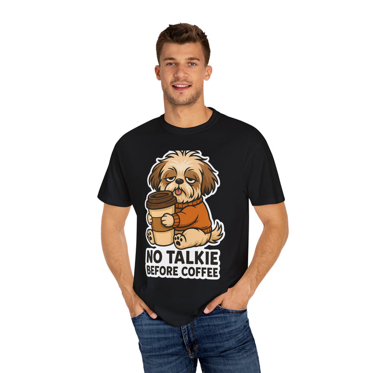 ☕ No Talkie Before Coffee Shih Tzu T-Shirt – Funny Dog Meme Tee for Pet Lovers & Dog Moms 🐾