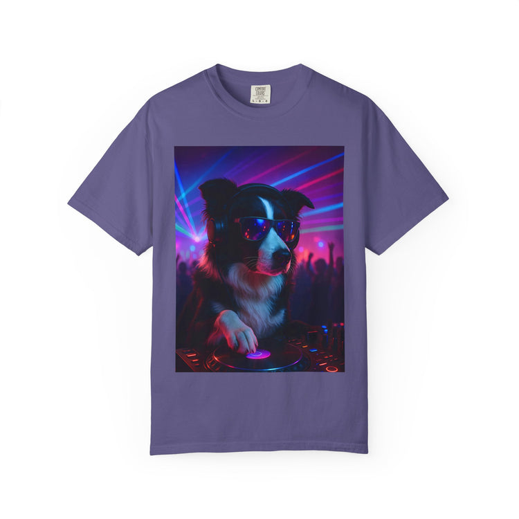 order Collie DJ T-Shirt – Retro 80s Vinyl Dog Tee, Neon Synthwave Pop Art Style for Music & Pet Lovers