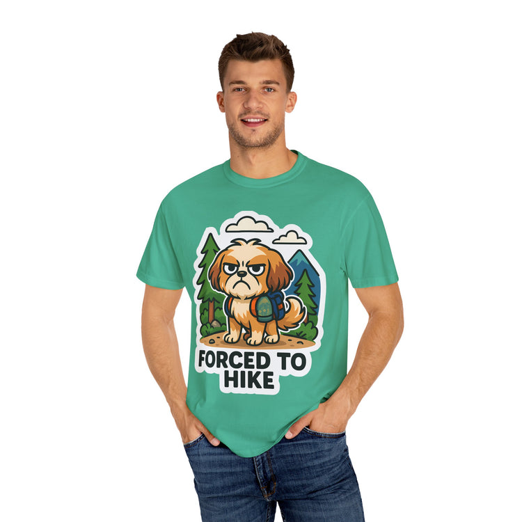 🥾 Forced to Hike Shih Tzu T-Shirt – Funny Dog Hiking Meme Tee for Pet Lovers & Outdoor Fans 🐾