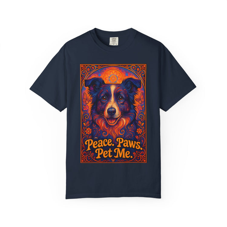 Border Collie Psychedelic Festival T-Shirt – Trippy Floral Dog Tee with “Peace. Paws. Pet Me.” Quote