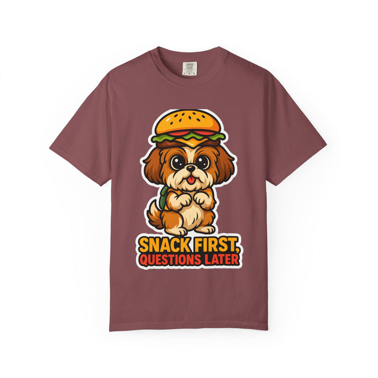 🍔 Snack First, Questions Later Shih Tzu T-Shirt – Funny Foodie Dog Meme Tee for Pet Lovers & Dog Moms 🐾
