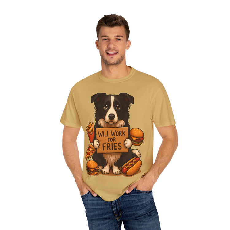 Border Collie Funny Fast Food T-Shirt – “Will Work for Fries” Meme Tee for Dog Lovers & Foodies