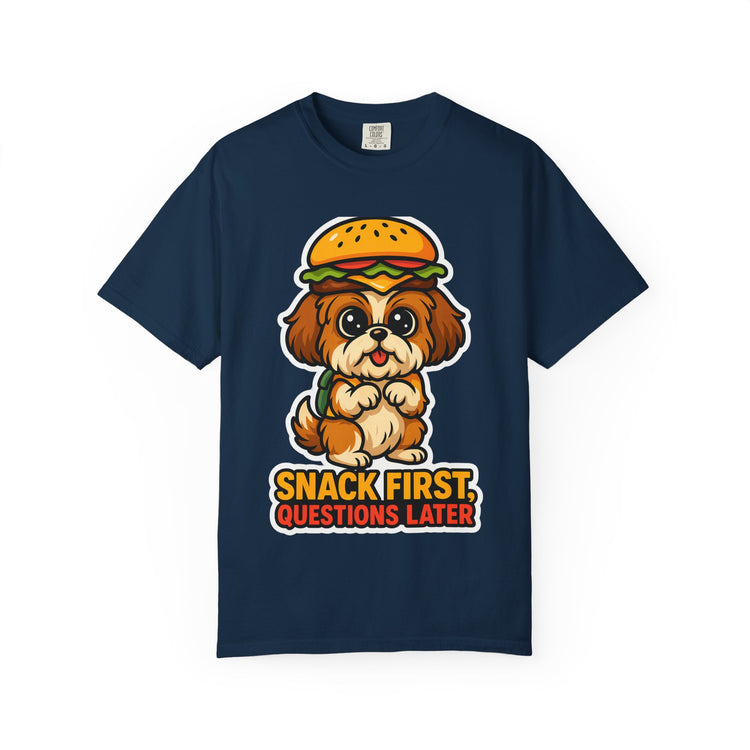 🍔 Snack First, Questions Later Shih Tzu T-Shirt – Funny Foodie Dog Meme Tee for Pet Lovers & Dog Moms 🐾