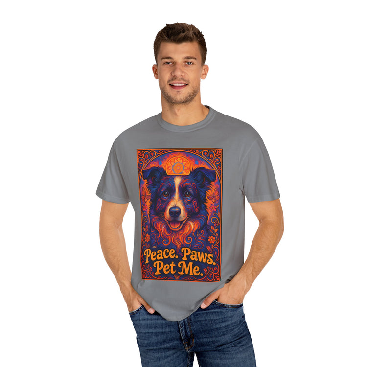 Border Collie Psychedelic Festival T-Shirt – Trippy Floral Dog Tee with “Peace. Paws. Pet Me.” Quote