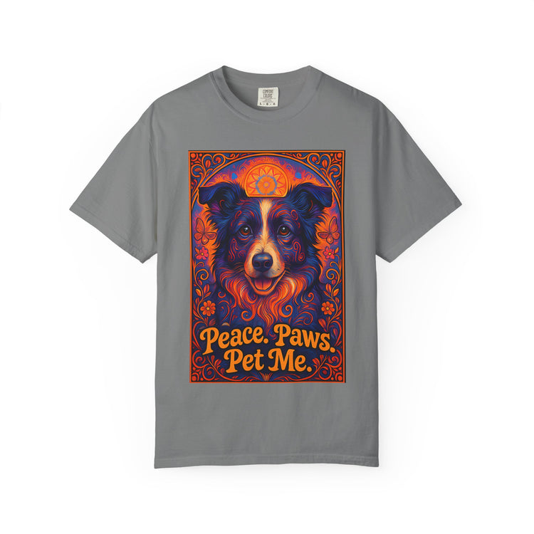 Border Collie Psychedelic Festival T-Shirt – Trippy Floral Dog Tee with “Peace. Paws. Pet Me.” Quote