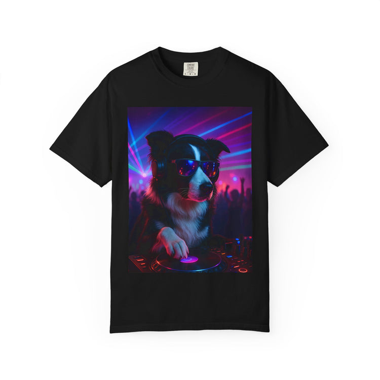 order Collie DJ T-Shirt – Retro 80s Vinyl Dog Tee, Neon Synthwave Pop Art Style for Music & Pet Lovers
