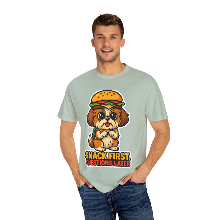 🍔 Snack First, Questions Later Shih Tzu T-Shirt – Funny Foodie Dog Meme Tee for Pet Lovers & Dog Moms 🐾
